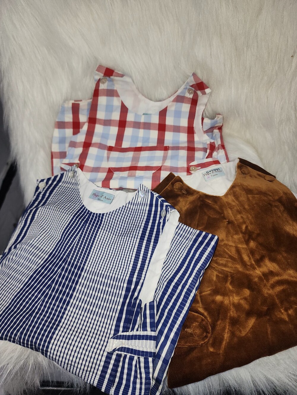 Papo d'Anjo Rompers, Size 3 Years, 3 Pieces, Blue Stripe, Red Plaid & Brown